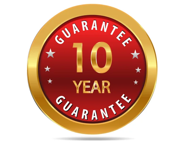 10 anni di garanzia oro pulsante rosso, distintivo, segno — Vettoriale Stock