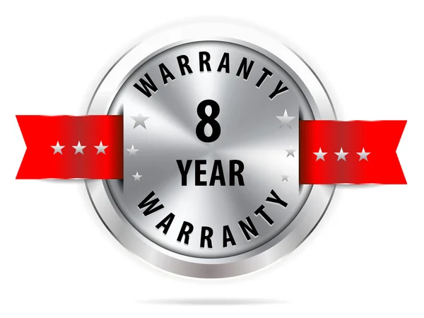 Silver 8 year warranty button seal graphic with red ribbons — Stock Vector
