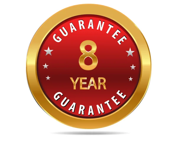 8 year guarantee golden red button, badge,sign — 스톡 벡터