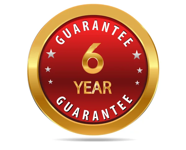 6 year guarantee golden red button, badge,sign — ストックベクタ