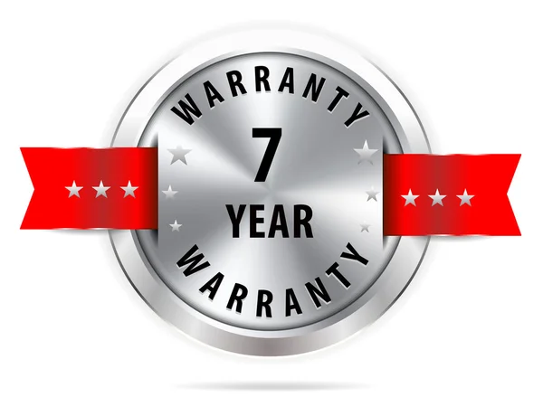 Silver 7 year warranty button seal graphic with red ribbons — Stock Vector