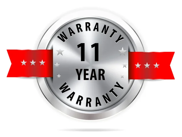 Silver 11 year warranty button seal graphic with red ribbons — Stock Vector