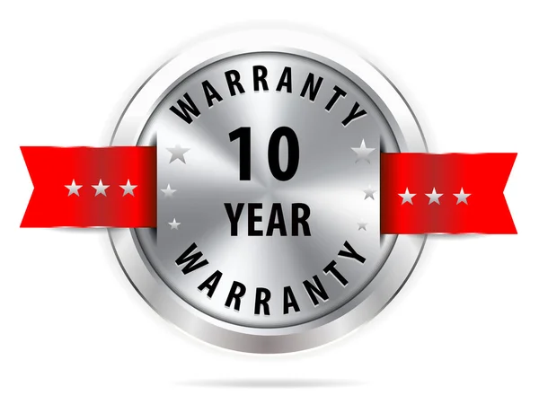 Silver 10 year warranty button seal graphic with red ribbons — Stock Vector