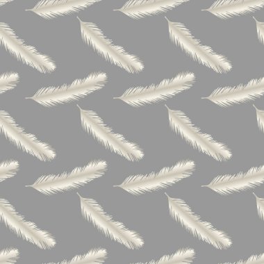 Tarafsız gri arka planda zarif beyaz tüyleri olan kusursuz bir desen. Lüks ev dekorasyonu, yatak örtüsü ve duvar kağıdı için yumuşak gerçekçi bir doku. Tekstil, sofistike kırtasiye ve düğün davetiyeleri için zarif hafif kuş tüyü tasarımı.
