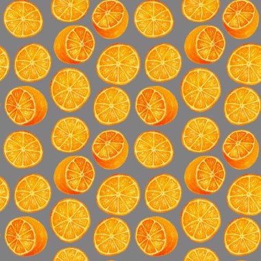 Gri arkaplanda turuncu rengin dikişsiz deseni. Turuncu meyve arka planı. Büyük, yoğun bir katman. Tekstil ürünleri, ambalajlar, ambalaj kağıtları için parlak yaz tasarımı.
