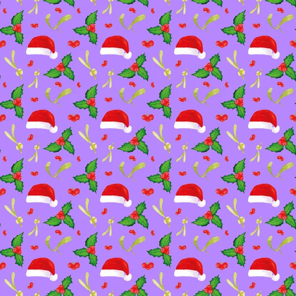 Jultomtens hatt. Jul akvarell mönster med Santa hatt, mistel och järnek med röda och vita bär av växter på wiolet bakgrund. Design för omslagspapper, förpackningar, omslag och textilier. — Stockfoto