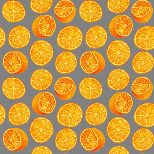 Padrão sem costura aquarela de laranja no fundo cinza. Fundo de fruta laranja. Grande camada densa. Design de verão brilhante para têxteis, embalagens, papel de embrulho. — Fotografia de Stock