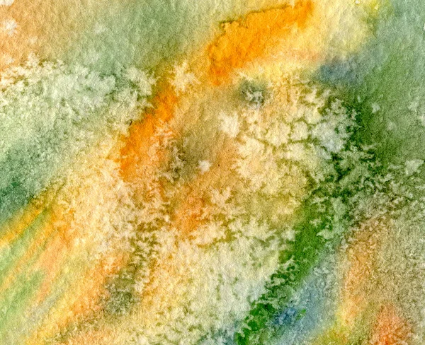 Abstrait Aquarelle fond avec des taches orange, vert et bleu avec des motifs givrés. Vue d'un nuage au-dessus du sol. Printemps été. — Photo