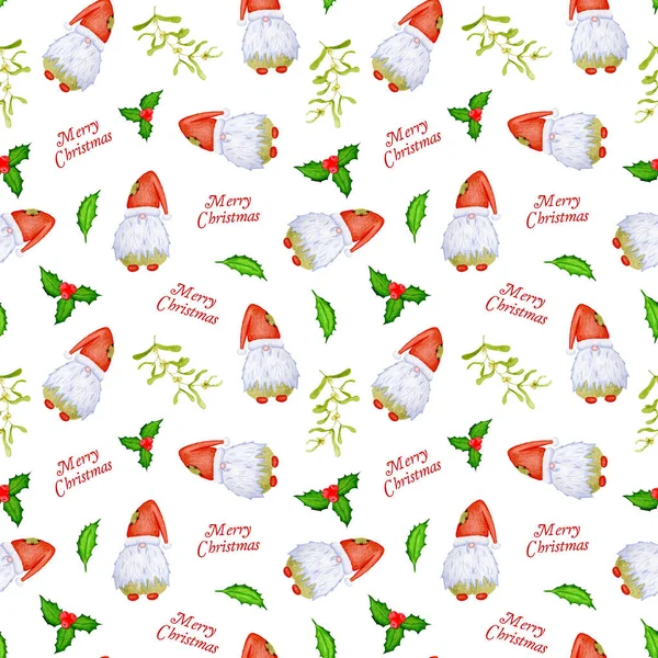 Watercolor seamless pattern with funny bearded gnome in a red hat with a branch of mistletoe and holly on a light cream background. Designs for wrapping paper, textiles and decoration for a nursery. — Stock Photo, Image