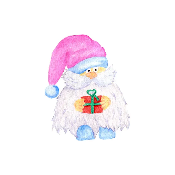 Illustration Aquarelle Gnome Avec Cadeau Chapeau Rose Héros Fées Noël — Photo