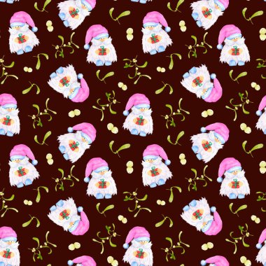 Pembe şapkalı bir cüce ve ökseotu dallı suluboya Noel deseni ve koyu kırmızı arka planda bir hediye. İskandinav trolleri, cüceler. Noel illüstrasyonu. Kış illüstrasyonu