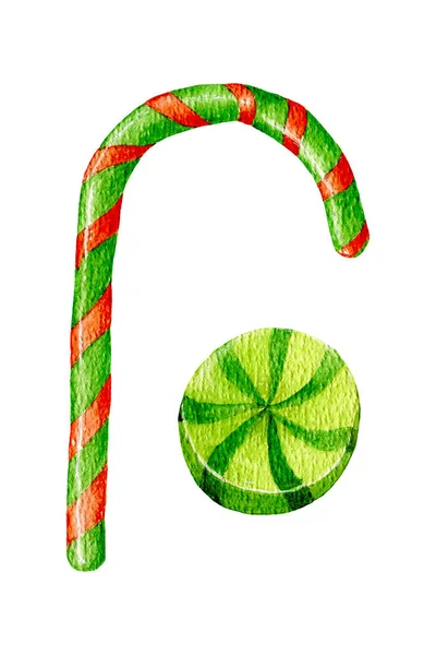 Akvarell Lång Jul Godis Ollipop Med Gröna Röda Ränder Och — Stockfoto