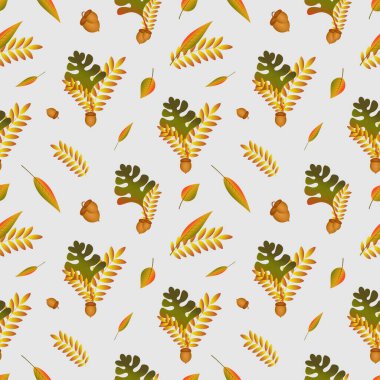 Gri-mavi arka planda sonbahar yapraklı desen. Meşe yaprakları ve diğer sonbahar yaprakları dökülüyor. Siteler için tasarım. Şükran Günü Sonbahar vektörünün kusursuz arka planı