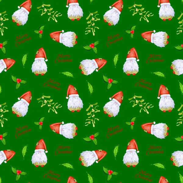 Watercolor seamless pattern with funny bearded gnome in a red hat with a branch of mistletoe and holly on a green background. Designs for wrapping paper, textiles and decoration for a nursery. — Stock Photo, Image