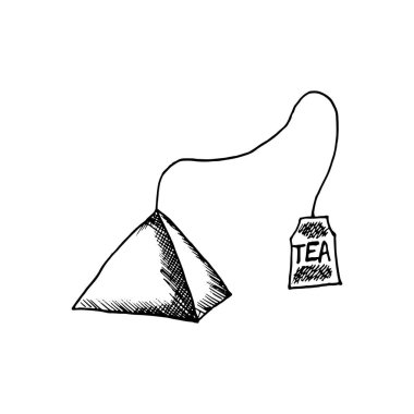 Üzerinde iplik etiketi olan bir piramidin olduğu çay poşeti. Karalama stilinde el çizimi, Uluslararası Çay Günü.