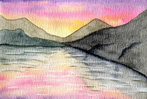 Watercolor mountains with sunrise, sunset over the lake. Lilac purple sky. Mountain landscape, hills. Watercolor hand drawing. International Mountain Day. Postcard with watercolor mountains. — Stock Photo, Image