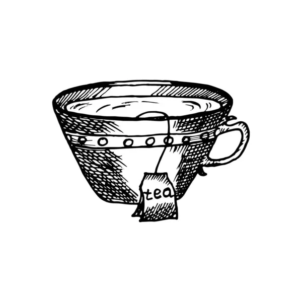 Doodle stil kopp te, handritad skiss i skuggning Tea dag. Ikonen. Mysig tid. — Stock vektor