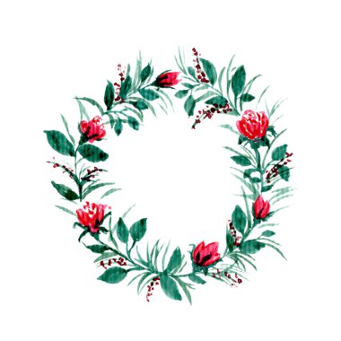 Güllü çelenk ve suluboya tekniğinde yapraklar. Kırmızı tomurcuklar ve yeşil yapraklı güller. Yazıt için yeri olan yuvarlak çerçeve. Düğün davetiyeleri ve kartlar için tasarım..