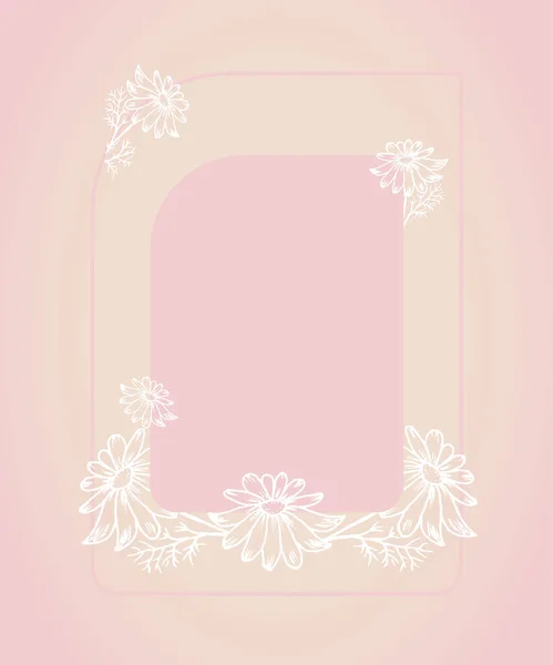 Square frame with white chamomile flowers on a soft powdery background. Wedding invitation blank for the inscription. Vector flowers in doodle style. Poster, postcard, banner. — Διανυσματικό Αρχείο