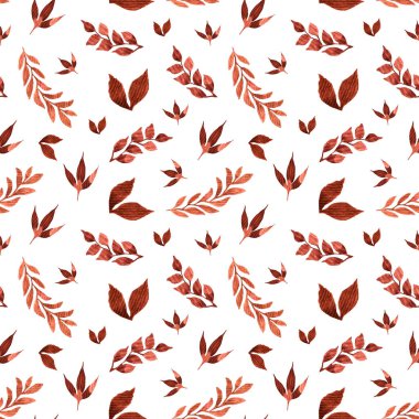 Beyaz arka planda farklı bitki ve ağaç yaprakları olan suluboya desenler. Bitkilerin ve ağaçların tüm dalları. Kağıt, tekstil, ambalaj baskısı, yapıştırma kitabı tasarımı.