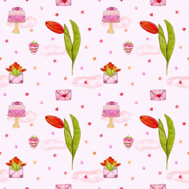 Valentines Day. Pattern for Valentines day in gentle pink tones with a tulip flower, a cake with hearts and an envelope with a bouquet, strawberries and chocolate. Design for textiles, trimming and