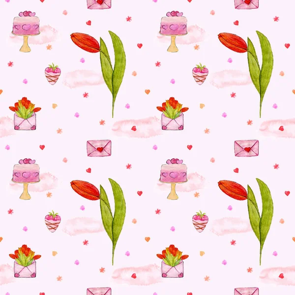 Valentines Day. Pattern for Valentines day in gentle pink tones with a tulip flower, a cake with hearts and an envelope with a bouquet, strawberries and chocolate. Design for textiles, trimming and — стокове фото