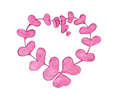 El çizimi kalp şeklinde pembe bir çelenk. Sevgililer günü ya da düğün davetiyesi. Kalem çizimi. Kalp şeklinde yapraklar.