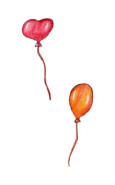 Μπαλόνια σε σχήμα καρδιάς και στρογγυλά σε ένα καλώδιο που πετά στον αέρα. Κόκκινο και πορτοκαλί σε μια άσπρη νίκη. Σχεδιασμένο με το χέρι με μολύβι. — Φωτογραφία Αρχείου