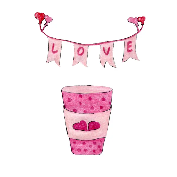 ハートとガーランドのピンクのコーヒーカップにフラグと書き込みの愛。バレンタインだ。白を基調としたピンク色のロマンチックなセット. — ストック写真