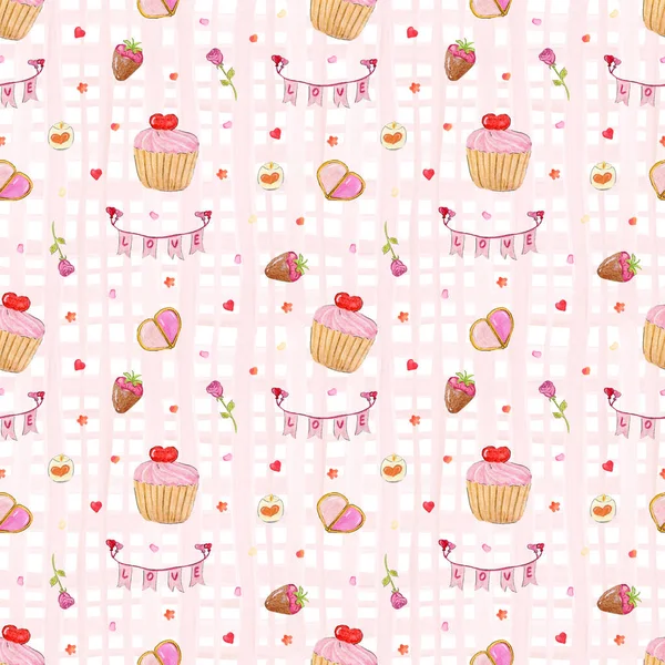 Valentine s Day. Valentines Day pattern in soft pink tones with a cupcake and a heart in it, a heart-shaped cookie, chocolate covered strawberries, a garland with flags on a checkered background. — Stock Photo, Image