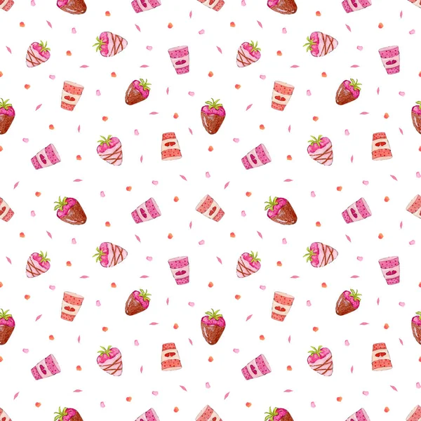 Безшовний Візерунок Полуницею Шоколаді Рожеве Скло Кави Серцями Дизайн Валентинів — стокове фото
