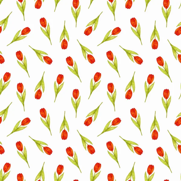 Безшовний Візерунок Розкиданими Червоними Тюльпанами Білому Тлі Весняний Час Квіти — стокове фото