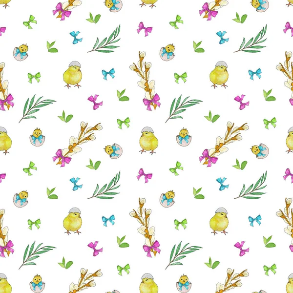 Watercolor Easter pattern with willow branch, chicken twig with leaves and bow ribbon. Easter design for packaging, gifts textiles, scrapbooking.