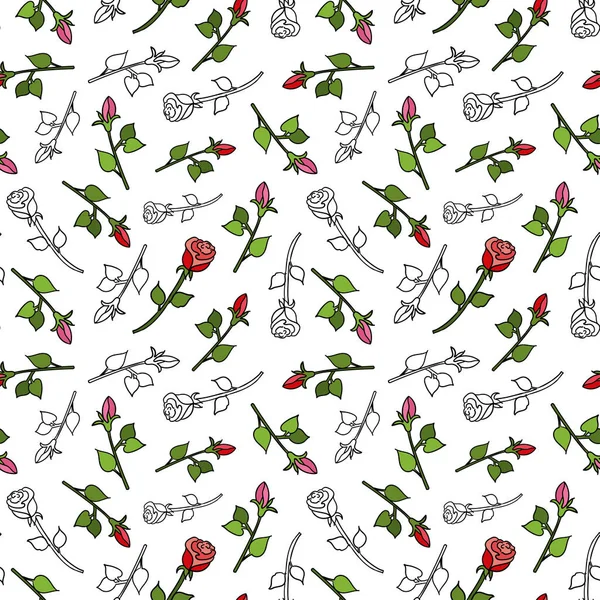 Векторний Візерунок Трояндами Каракулі Троянди Контуром Кольором Літній Дизайн Упаковки — стоковий вектор