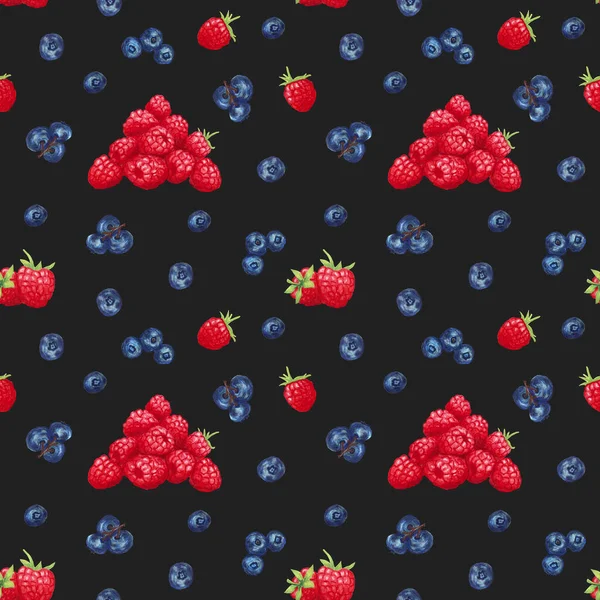 Blueberry Raspberry pattern on a black background. Bright Juicy design for cans, packaging, Scrapbooking Patchwork, candy packaging. Berries, healthy food, diet. — 스톡 사진