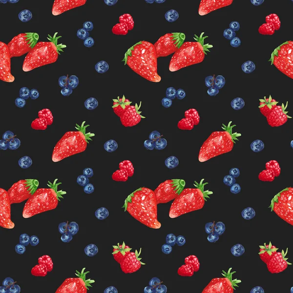 Blueberry Raspberry and Strawberry pattern on a black background. Bright Juicy design for cans, packaging, Scrapbooking Patchwork, candy packaging. Berries, healthy food, diet. — Stockfoto