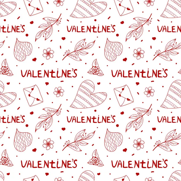 Patrón vectorial con corazones, rosas y rama, sobre en estilo garabato. Diseño del día de San Valentín. Corazones para textiles, scrapbooking, papel de regalo, saludo, amor, boda. — Vector de stock