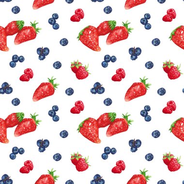 Beyaz arka planda yabanmersini ve çilek deseni. Kutular, ambalajlar, yapıştırma defterleri, şeker paketleri için parlak bir tasarım. Böğürtlen, sağlıklı yemek, diyet.