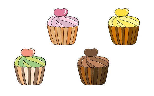Vector mehrfarbige Cupcakes, im Doodle-Stil. Hausgemachte Kuchen, Cupcake-Set. Design für Postkarten, Restaurantmenüs, Rezeptbücher, Web-Banner, Geburtstage, Grußworte und Einladungen. — Stockvektor