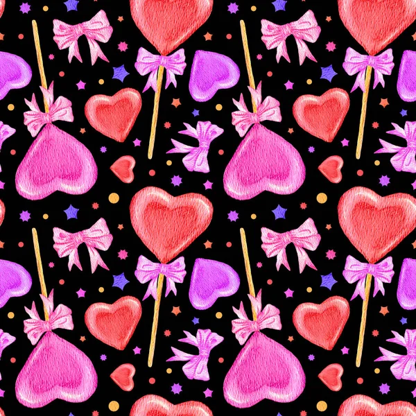 Акварель має безшовний візерунок з "Heart Lollipops" і "Pink Bows". Яскраві ілюстрації для подарункового паперу, упаковки, текстильного дизайну, канцелярських виробів, аркушів і столових приладів. День святого Валентина — стокове фото