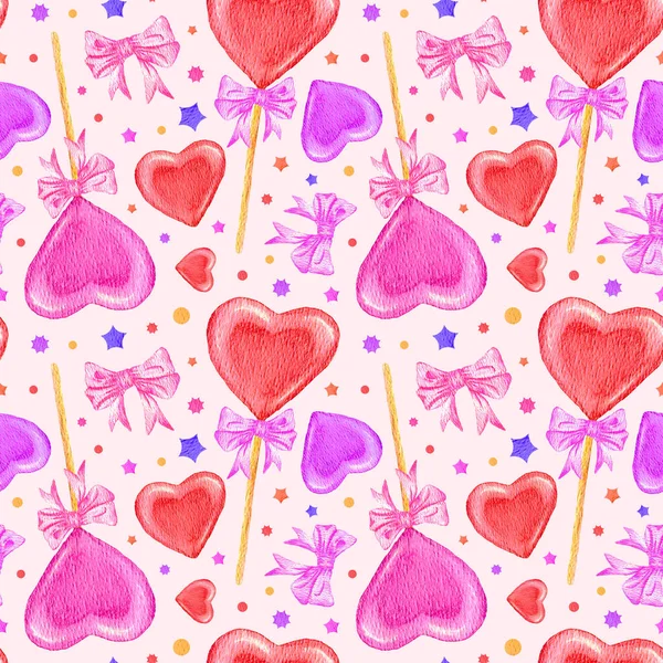 Watercolor sömlöst mönster med Heart Lollipops och Pink Bows. Ljusa illustrationer för presentpapper, förpackning, textildesign, brevpapper, scrapbooking och lapptäcke. Alla hjärtans dag vit bakgrund — Stockfoto