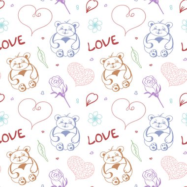Oyuncak ayı ve kalbi, gül ve çiçekli vektör karalama deseni, beyaz arka planda kalpler. Sevgililer Günü tasarımı, doğum günü. Koleksiyon defteri, kağıt, ambalaj kağıdı, kenar, tekstil..