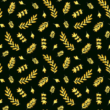 Koyu arkaplanda sarı-altın yapraklı suluboya deseni. Tek krom altın yapraklar. Sonbahar yaprakları. Kumaş kağıdı, hediye paketi, duvardaki duvar kağıdı için tasarım. Doğa