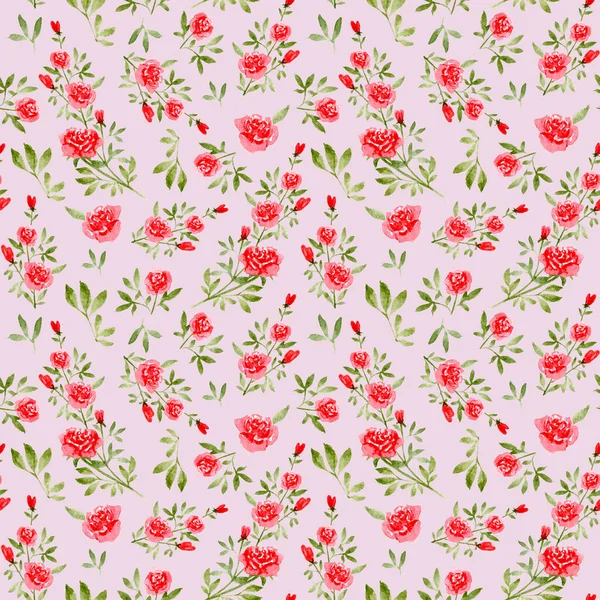 Akvarell sömlöst mönster med ros blommor på en rosa bakgrund. Mönster med blommor och kvistar av rosor. Design för textil, scrapbooking, omslagspapper. Blomkål. — Stockfoto