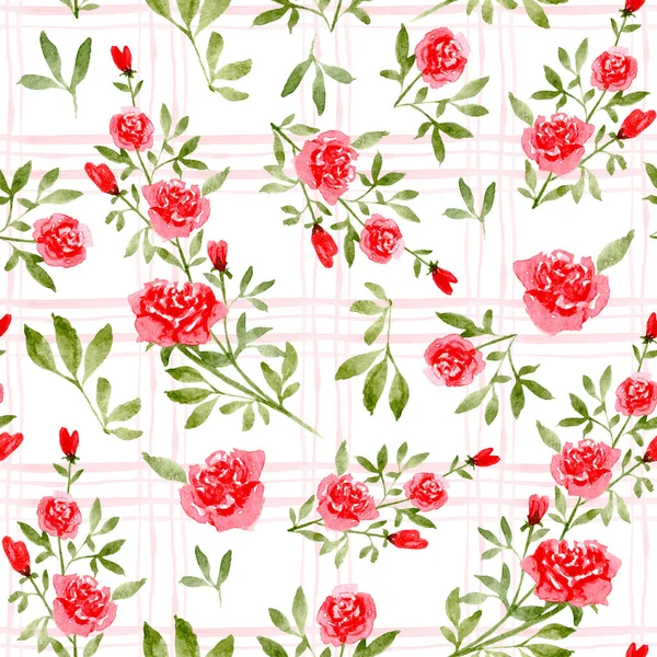 バラの花と水彩シームレスパターン。トレリスの背景にバラの花や小枝でパターン。織物、スクラップブッキング、包装紙のためのデザイン。バラの枝. — ストック写真