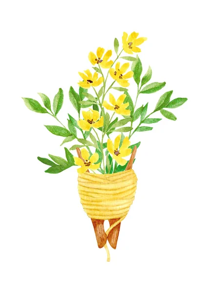 SammansÃ ¤ttning med akvarell vilda, gula blommor och grenar med blad i ett trÃ ¤klipp med trÃ ¤ddar. isolerad Bobbin träpinne. Gula trådar. Sammansättning för stickning, stickning och sömnad. — Stockfoto