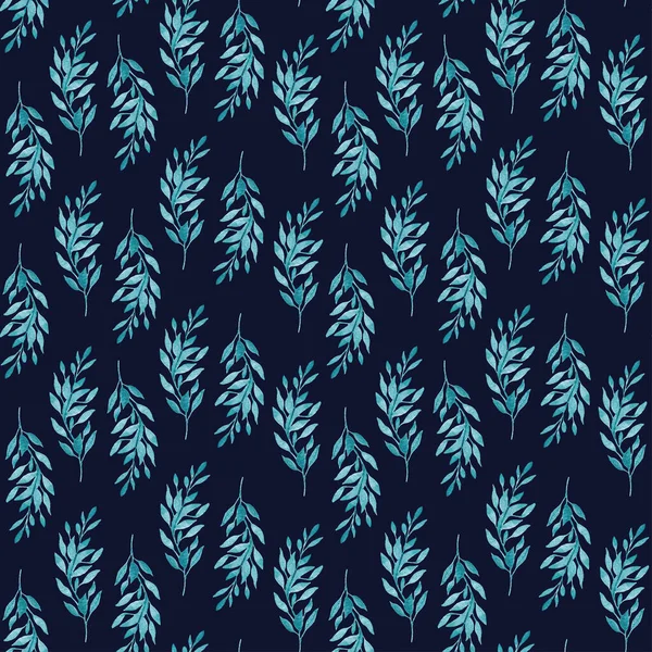 Akvarell minta zöld levelek egy pálmafa sötét kék háttér. Lombhullató minta. Botanikai illusztráció pálmaágakkal. — Stock Fotó