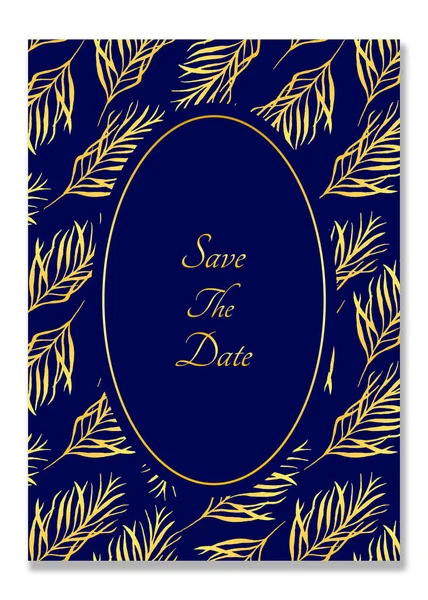 Watercolor card with golden leaves. Botanical card with leaves. Bright golden twigs. Royal blue background. Gold leaves on a royal blue background. Palm leaves. Invitation, greeting card — Stok fotoğraf