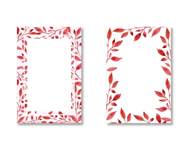 Modelo de cartão de convite conjunto aquarela para casamento, aniversário, dia das mães. Quadro quadrado com folhas vermelhas e ramos. Cartão aquarela com folhas vermelhas. desenhado à mão — Fotografia de Stock