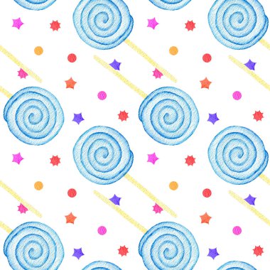 Tatlı şekerler çizimi. Suluboya şeker desenli. Karamel çubuğu. Çubuğun üzerinde mavi spiral şeker. Renkli lolipoplar. Suluboya boyama.